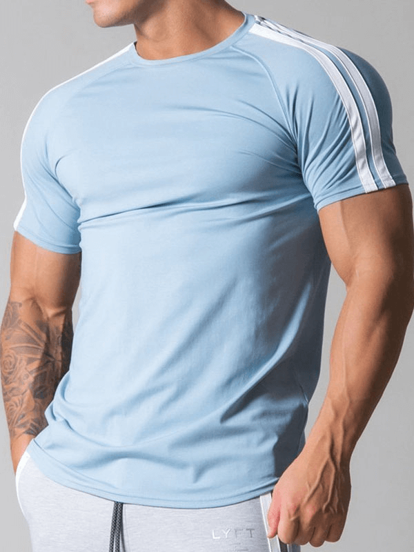 Blue running cotton t-shirt with white striped sleeves for men, featuring O-neck and short sleeves, perfect blend of fashion and function.